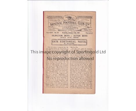 NEUTRAL AT ARSENAL 1937 Programme for the Arthur Dunn Trophy match 16/1/1937, Islington Boys v Acton Boys, very slightly crea