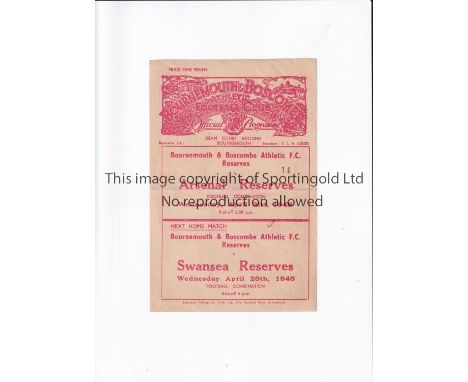 ARSENAL Single sheet programme for the away Combination match v Bournemouth 21/4/1948, slightly creased. Generally good