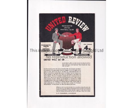 MANCHESTER UNITED V SHEFFIELD WEDNESDAY 1958 F.A. CUP / FIRST MATCH AFTER MUNICH Programme for the home tie 19/2/1958, first 