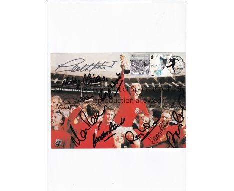 WORLD CUP 1966 / ENGLAND AUTOGRAPHS An 8" X 6" colour card issued in 2006 of Bobby Moore holding the Trophy and being carried