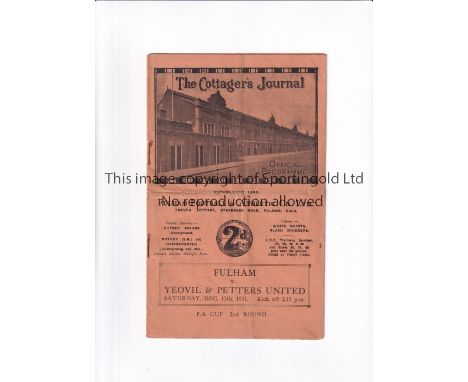 FULHAM V YEOVIL &amp; PETTERS 1931 F.A. CUP Programme for the tie at Fulham 12/12/1931, horizontal fold. Generally good