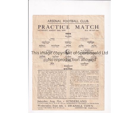 ARSENAL Single sheet programme for the Practice Match 24/8/1935, folded and slightly worn. Fair