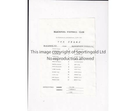 MANCHESTER UNITED Single sheet programme for the away Lancashire Youth Cup tie v Blackpool circa 1991/2 season, slight horizo