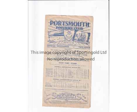 ARSENAL Programme for the away Combination Cup tie v Portsmouth 24/5/1947, slightly creased and scores entered. Generally goo