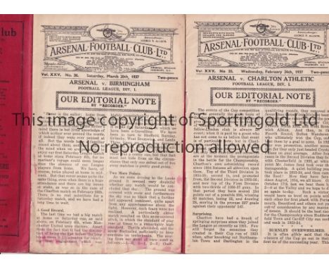 ARSENAL Two programmes for the home League matches in the 1936/7 season v Charlton Athletic, slight vertical crease and Birmi