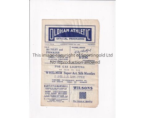 SHREWSBURY TOWN / FIRST LEAGUE SEASON 1950/1 Away programme for the League match v Oldham Ath. 24/3/1951, horizontal fold. Ge