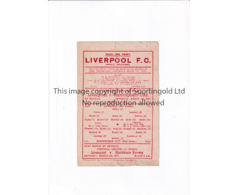 LIVERPOOL Single sheet Fuel Emergency programme for the home FA Cup tie v Birmingham City 1/3/1947 FA Cup, folded and slightl