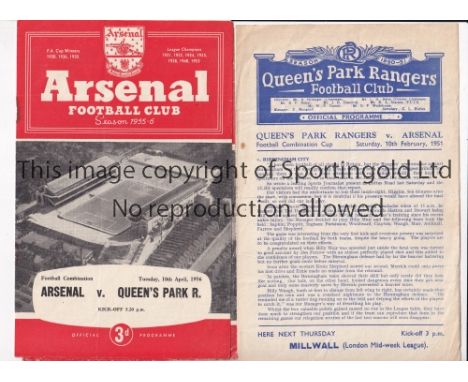 ARSENAL Three programmes for Reserve team matches v QPR, 2 homes 1955/6 and 1957/8, small paper loss on the spine and slightl
