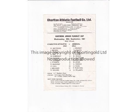 ARSENAL Single sheet programme for the away Southern Junior Floodlit Cup tie v Charlton Athletic 20/9/1967, horizontal crease