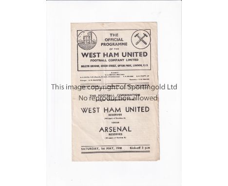 WEST HAM UNITED V ARSENAL 1948 / COMBINATION CHAMPIONSHIP White issue programme for the Football Combination League Champions