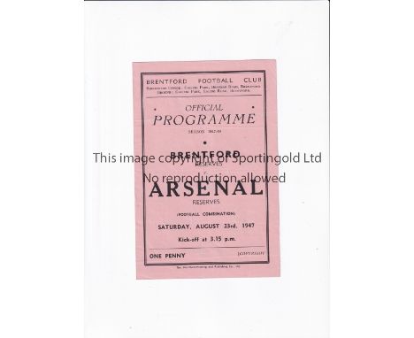 ARSENAL Programme for the away Combination match v Brentford 23/8/1947, slightly creased and scores entered. Generally good