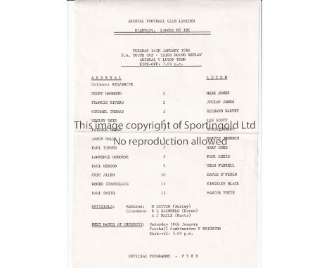 ARSENAL Single sheet programme for the home FA Youth Cup tie v Luton Town 14/1/1986, slightly creased. Generally good
