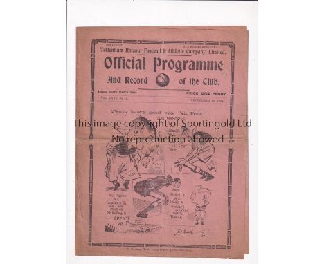 TOTTENHAM HOTSPUR V ARSENAL 1933 Programme for the League match at Tottenham 16/9/1933, horizontal fold, slightly worn, small
