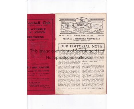 ARSENAL / HERBERT CHAPMAN Programme for the home League match v Sheffield Wednesday 6/1/1934, being the same day as Herbert C
