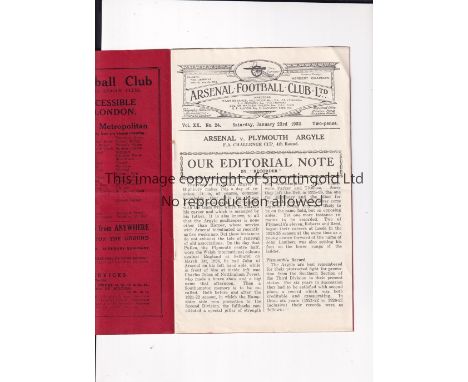 ARSENAL Programme for the home FA Cup tie v Plymouth Argyle 23/1/1932, very slight horizontal crease. Generally good