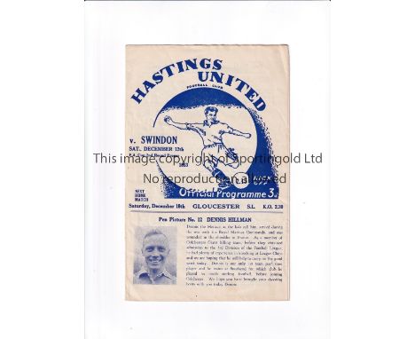 HASTING UNITED V SWINDON TOWN 1953 FA CUP Programme for the tie at Hastings 12/12/1953, slightly creased. Generally good