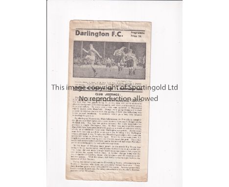 SHREWSBURY TOWN / FIRST LEAGUE SEASON 1950/1 Away programme for the League match v Darlington 2/9/1950, slightly creased. Gen