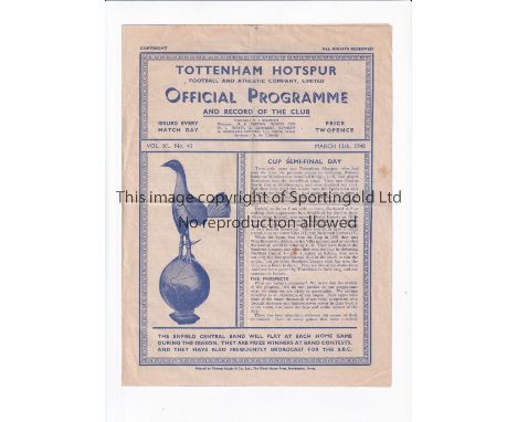 TOTTENHAM HOTSPUR V ARSENAL 1948 Programme for the "A" Team Friendly at Tottenham 13/3/1948, slight horizontal crease. Genera