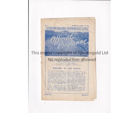SHREWSBURY TOWN / FIRST HOME LEAGUE MATCH SEASON 1950/1 Home programme for the League match v Wrexham 21/8/1950, horizontal f