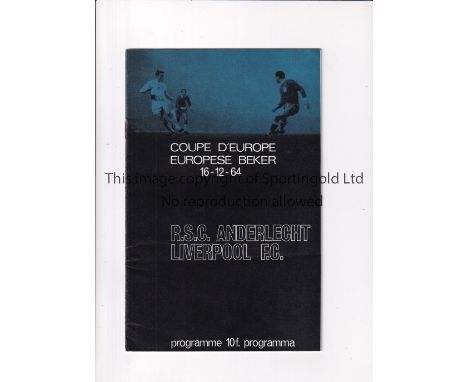 LIVERPOOL Programme for the away European Cup tie v R.S.C. Anderlecht 16/12/1964. Very good