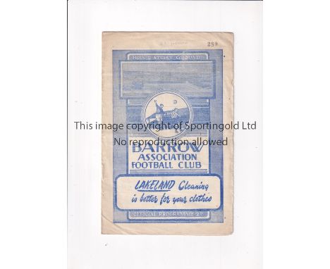 WORKINGTON 1951/2 / FIRST LEAGUE SEASON Programme for the away League match v Barrow 11/4/1952, slightly creased. Generally g