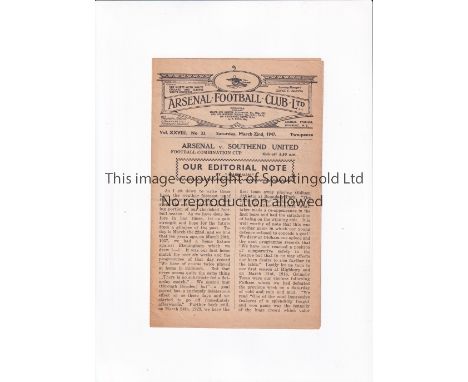 ARSENAL Programme for the home Combination Cup tie v Southend United 22/3/1947, slightly creased. Generally good