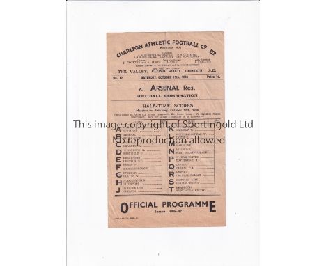 ARSENAL Single sheet programme for the away Combination match v Charlton Athletic 19/10/1946, slightly creased. Generally goo