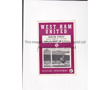 WEST HAM UNITED V CHARLTON ATHLETIC 1960/1 LEAGUE CUP Programme for the first match in the competition for each club. Good
