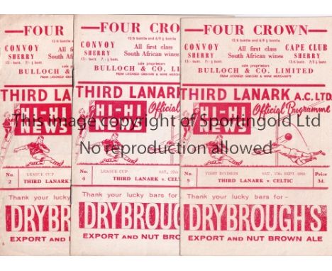 THIRD LANARK Three home programmes for season 1960/1 v Celtic League, punched holes replaced and League Cup and Partick Thist