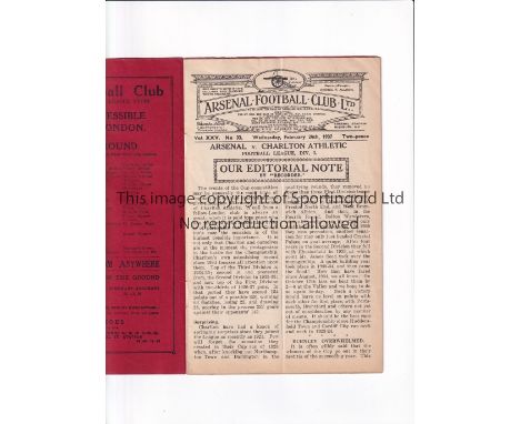 ARSENAL Programme for the home League match v Charlton Athletic 24/2/1937, slight vertical crease. Generally good