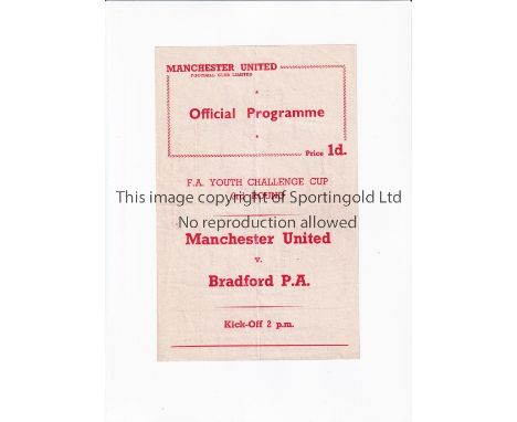 MANCHESTER UNITED Single sheet programme for the home F.A. Youth Cup tie v Bradford Park Avenue 2/12/1953, very slightly crea
