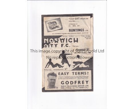 ARSENAL Programme for the away Friendly v Norwich City 10/1/1948, slightly creased. Generally good