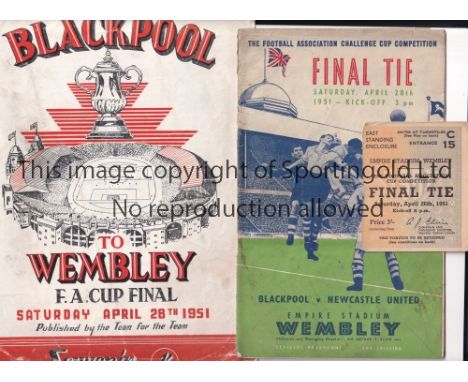 1951 FA CUP FINAL BLACKPOOL V NEWCASTLE UNITED Programme, ticket and Blackpool brochure for 1951 final at Wembley. Programme 