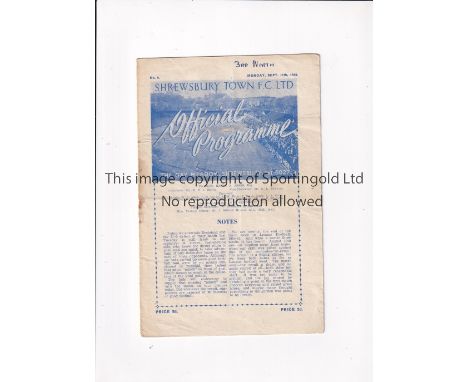SHREWSBURY TOWN / FIRST LEAGUE SEASON 1950/1 Home programme for the League match v Rochdale 11/9/1950, small writing on the c