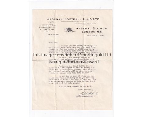 ARSENAL / TOM WHITTAKER AUTOGRAPHED LETTER Arsenal official typed letter 28/6/1948 hand signed by the Secretary-Manager. Good