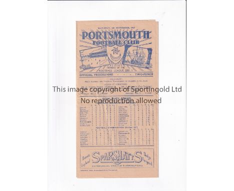ARSENAL Programme for the away Combination match v Portsmouth 6/9/1947, slightly creased, scores entered and scores entered. 