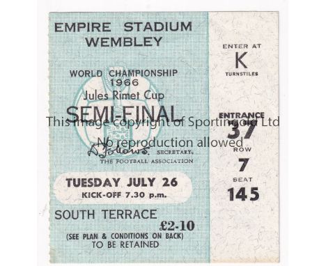 1966 WORLD CUP SEMI-FINAL FINAL / ENGLAND V PORTUGAL Seat ticket for the Semi-Final, Turnstile k and Entrance 37. No creases.