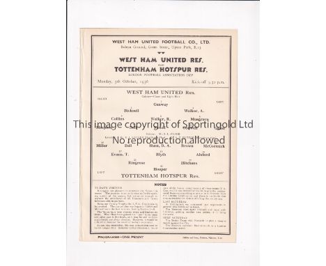 WEST HAM UNITED V TOTTENHAM HOTSPUR 1936 LONDON CUP Single sheet programme for the tie at West Ham 5/10/1936, ex-binder. Good
