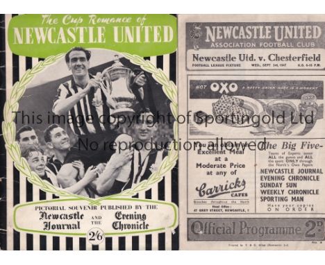 NEWCASTLE UNITED Programme for the home League match v Chesterfield 3/9/1947 and magazine, The Cup Romance of Newcastle Unite