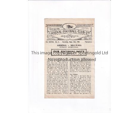 ARSENAL V MILLWALL 1946 Programme for the Football Combination match at Arsenal 14/9/1946. In the notes there are comments of