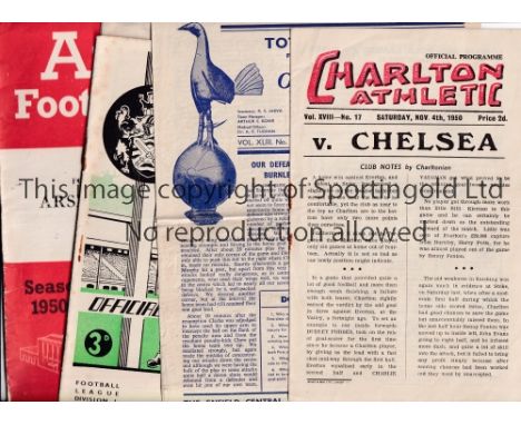 CHELSEA Five away programmes for season 1950/1 v Charlton, Tottenham, slightly worn, Fulham League and FA Cup, minor tears an