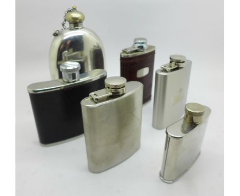 Six hip flasks including a Victorian Thomas Wilkinson spirit flask 