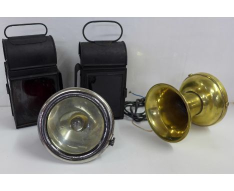 Two signal lamps, a car or motorcycle lamp and a brass car hooter 