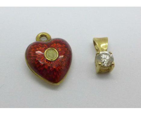 A Victorian 15ct gold and enamel heart shaped charm and a small 9ct gold and diamond pendant, (heart lacking insert), 0.9g 