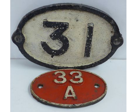 Two railway cast metal engine plates, 33A and 31 