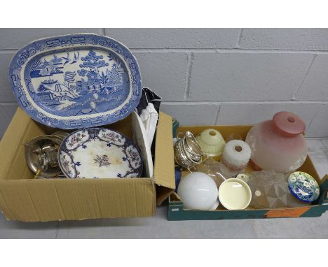 Two boxes of china and glass, willow pattern serving plate, glass light shades, etc.**PLEASE NOTE THIS LOT IS NOT ELIGIBLE FO