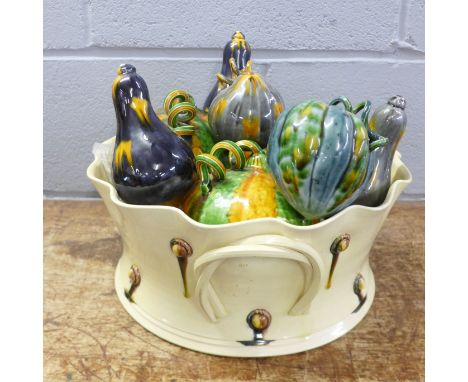 A Kevin de Choisy large ceramic bowl with a collection of ceramic vegetables 