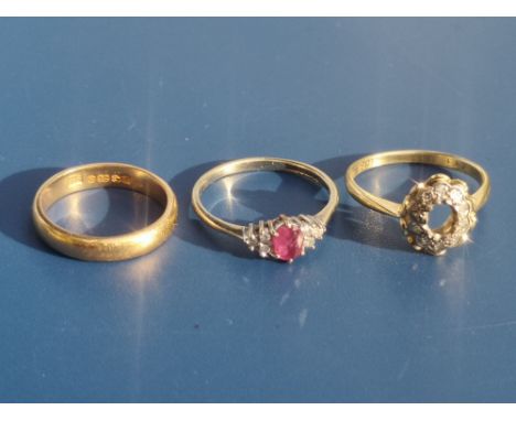 A 22ct gold wedding band - Birmningham marks.  Finger size K, together with a 9ct gem set ring and an incomplete 18ct cluster