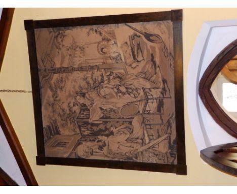A large Victorian figural tapestry in plain oak frame, approximately 52" overall width.  Separate viewing arrangements by app