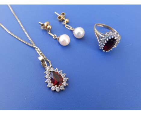 A pair of pearl drop earrings, an imitation ruby &amp; diamond ring and a pendant necklace. (4)